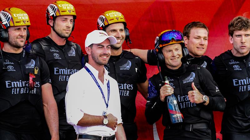 Celebrations aboard Te Rehutai after the ACWS series win, Emirates Team New Zealand - America's Cup World Series - December 2020 - Waitemata Harbour - America's Cup 36 photo copyright Richard Gladwell / Sail-World.com taken at Royal New Zealand Yacht Squadron and featuring the AC75 class