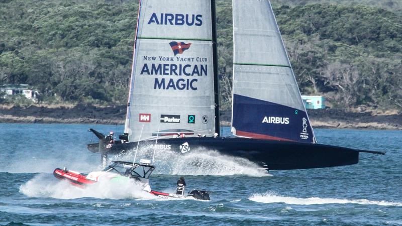 Emirates Team NZ recon boat and American Magic  - Auckland - January 5, 2021 - 36 America's Cup photo copyright Richard Gladwell / Sail-World.com taken at Royal New Zealand Yacht Squadron and featuring the AC75 class