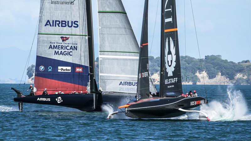 American Magic and INEOS Team UK cross tacks  - Waitemata Harbour - January 8, 2021 - 36th America's Cup photo copyright Richard Gladwell / Sail-World.com taken at New York Yacht Club and featuring the AC75 class