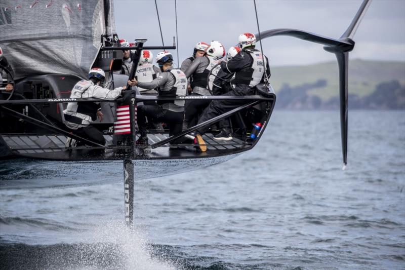 Sean Clarkson (No.9) looks up at the mainsail as American Magic's first AC75, Defiant, goes through its paces on the Hauraki Gulf photo copyright Will Ricketson taken at New York Yacht Club and featuring the AC75 class