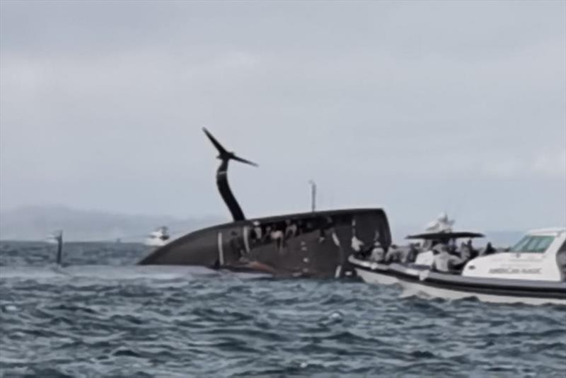 American Magic lies capsized and threatening to sink - Waitemata Harbour - Day 3 - Prada Cup - January 17, 2020 - 36th America's Cup photo copyright Richard Gladwell / Sail-World.com taken at Royal New Zealand Yacht Squadron and featuring the AC75 class