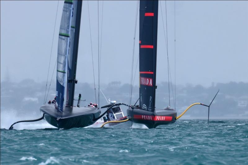 American Magic leading Luna Rossa Prada Pirelli in RR 2 Race 3 photo copyright Sailing Energy / American Magic taken at  and featuring the AC75 class