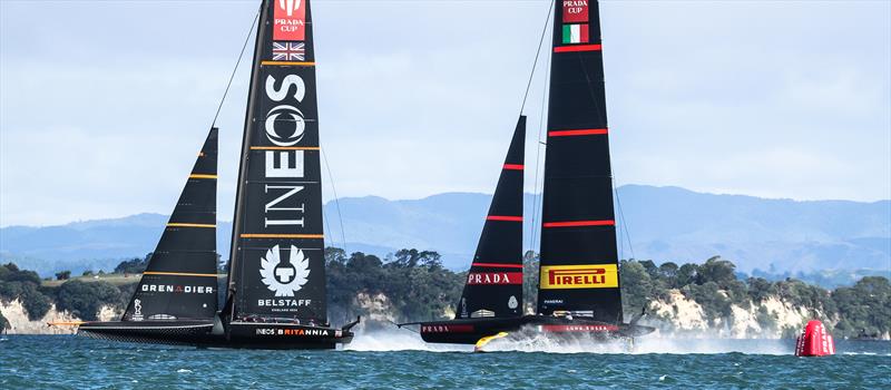 Luna Rossa crosses astern of Britannia during the last cross of the race - Waitemata Harbour - January 23, 2021 - Prada Cup - 36th America's Cup photo copyright Richard Gladwell / Sail-World.com taken at Royal New Zealand Yacht Squadron and featuring the AC75 class