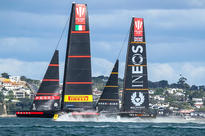 Luna Rossa chases INEOS Team UK - Leg 2 - Waitemata Harbour - January 23, 2021 - Prada Cup - 36th America's Cup photo copyright Richard Gladwell / Sail-World.com taken at Royal New Zealand Yacht Squadron and featuring the AC75 class