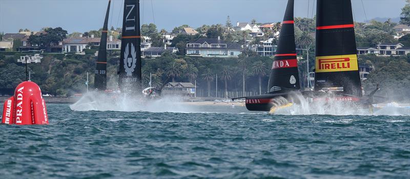 Luna Rossa chases INEOS Team UK - Leg 2 - Waitemata Harbour - January 23, 2021 - Prada Cup - 36th America's Cup photo copyright Richard Gladwell / Sail-World.com taken at Royal New Zealand Yacht Squadron and featuring the AC75 class