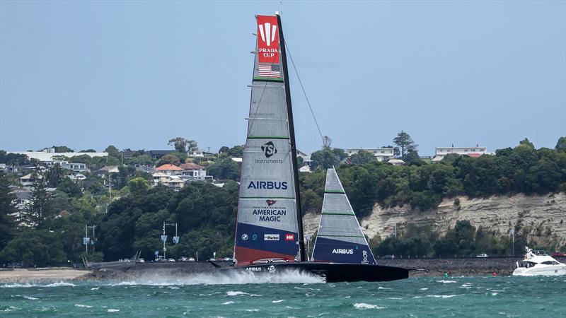 American Magic - Patriot - warms up on the Waitemata Harbour - January 29, 2021 - 36th America's Cup photo copyright Richard Gladwell / Sail-World.com taken at Royal New Zealand Yacht Squadron and featuring the AC75 class