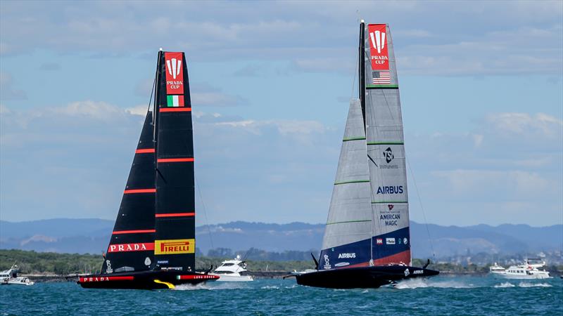 American Magic and Luna Rossa - prestart Race 3 - Semi-Final - Day 2 - Hauraki Gulf - January 30, 2021 - Auckland - 36th America's Cup photo copyright Richard Gladwell / Sail-World.com taken at Royal New Zealand Yacht Squadron and featuring the AC75 class