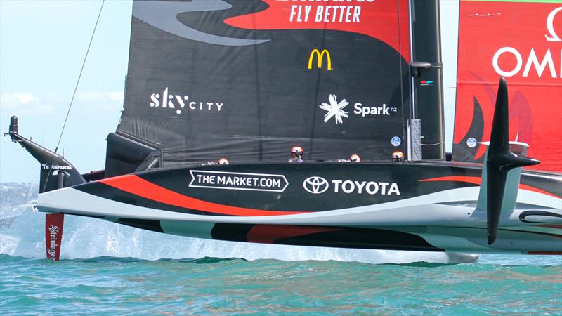 ETNZ starboard wing and mainsail clew design treatment - Prada Cup Finals - Day 4 - February 21, 2021 - America's Cup 36 - Course A photo copyright Richard Gladwell / Sail-World.com taken at Royal New Zealand Yacht Squadron and featuring the AC75 class