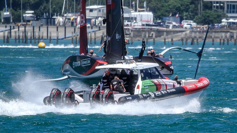 Emirates Team New Zealand - the ubiquitous team tender is never far away - offering the engineers and designers the option of going on the water to see a test session. - America's Cup 36 photo copyright Richard Gladwell / Sail-World.com / nz taken at Royal New Zealand Yacht Squadron and featuring the AC75 class