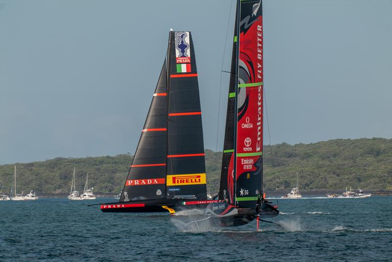 Emirates Team New Zealand racing against Luna Rossa Prada Pirelli, Race 12 during Day 3 of the Prada ACWS Auckland. Te Rehutai crosses tacks with Luna Rossa Prada Pirelli photo copyright Emirates Team New Zealand taken at Royal New Zealand Yacht Squadron and featuring the AC75 class