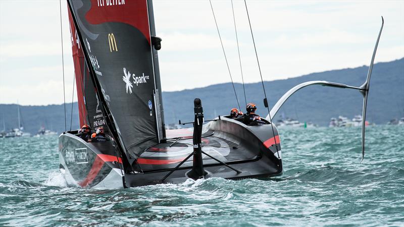 Emirates Team NZ sets off for the first start - America's Cup - Day 1 - March 10, 2021, Course E photo copyright Richard Gladwell / Sail-World.com taken at Royal New Zealand Yacht Squadron and featuring the AC75 class