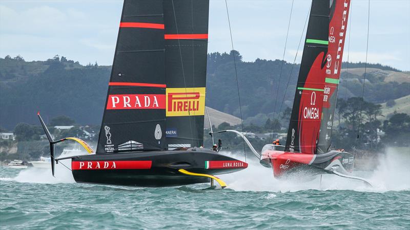 Luna Rossa leads ETNZ out, but the damage has been done at the start of Race 2- America's Cup - Day 1 - March 10, 2021, Course E photo copyright Richard Gladwell / Sail-World.com taken at Royal New Zealand Yacht Squadron and featuring the AC75 class