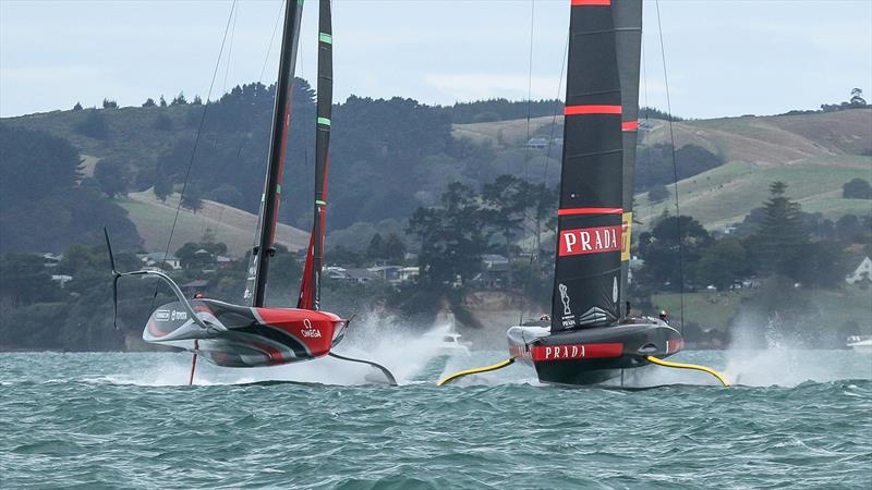 Emirates Team NZ gets too far down on Luna Rossa's line - America's Cup - Day 1 - March 10, 2021, Course E photo copyright Richard Gladwell / Sail-World.com taken at Royal New Zealand Yacht Squadron and featuring the AC75 class