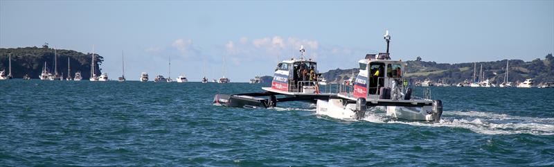 Photo Boats head for the gap betwwen Motuihe and Waiheke - America's Cup - Day 2 - March 12, , Course E photo copyright Richard Gladwell / Sail-World.com taken at Royal New Zealand Yacht Squadron and featuring the AC75 class