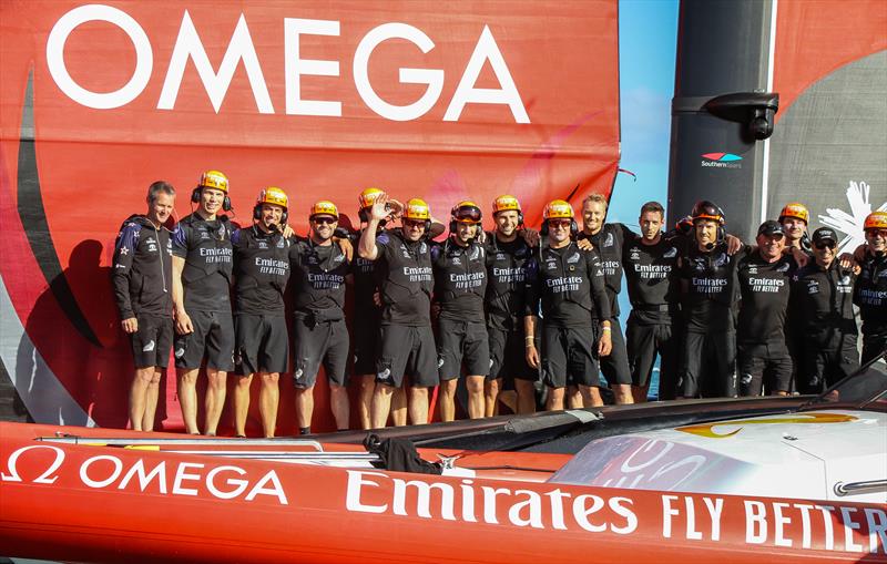 The crew line up after win - Emirates Team NZ - America's Cup - Day 7 - March 17, 2021, Course A photo copyright Richard Gladwell / Sail-World.com taken at Royal New Zealand Yacht Squadron and featuring the AC75 class