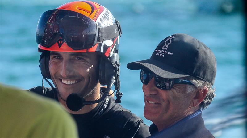 Blair Tuke jumps aboard to join his dad Andy, our long suffering photoboat driver, after the Emirates Team NZ win - America's Cup - Day 7 - March 17, 2021 , Course A photo copyright Richard Gladwell / Sail-World.com taken at Royal New Zealand Yacht Squadron and featuring the AC75 class
