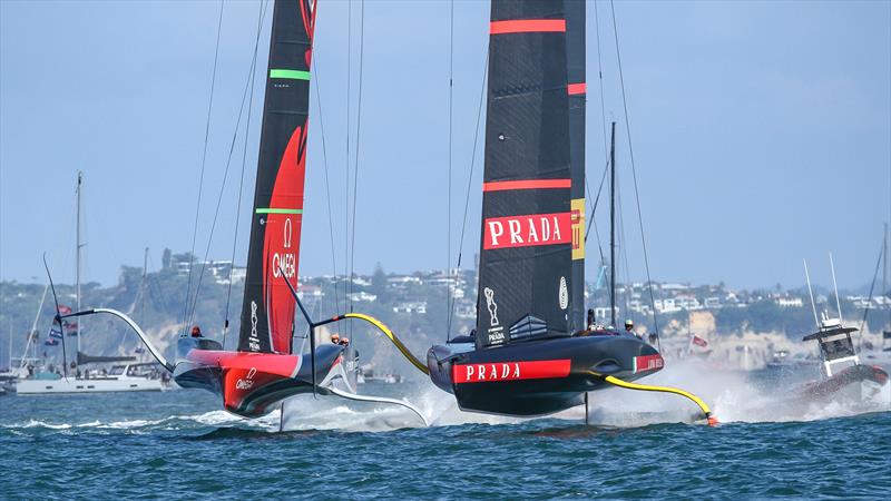 Emirates Team NZ and Luna Rossa line up for the start - America's Cup - Day 7 - March 17, 2021 , Course A - photo © Richard Gladwell / Sail-World.com