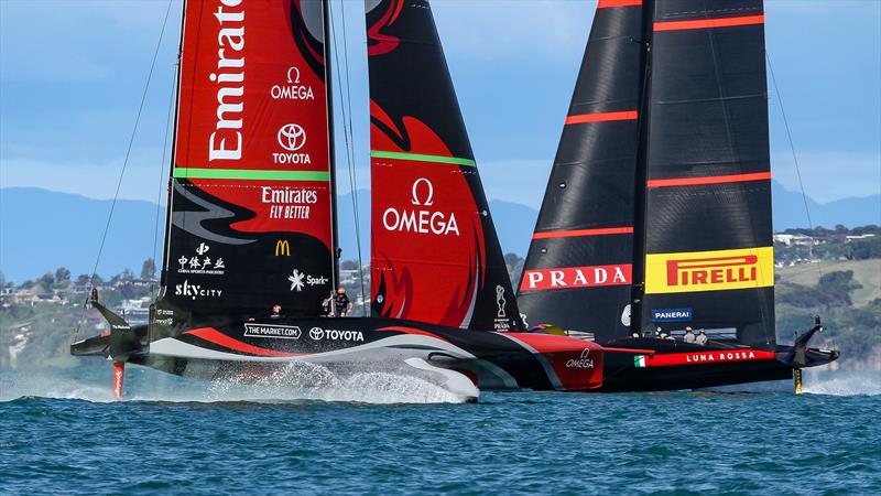 Emirates Team NZ and Luna Rossa in the prestart- America's Cup - Day 2 - March 12, 2021, Course E photo copyright Richard Gladwell - Sail-World.com / nz taken at Royal New Zealand Yacht Squadron and featuring the AC75 class