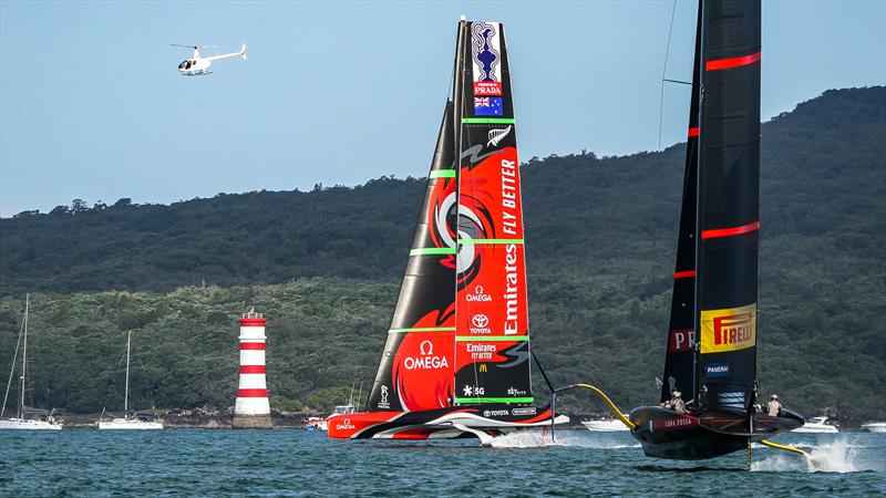 Emirates Team NZ crosses ahead of Luna Rossa America's Cup World Series, Day 3, December 19, 2020 - Auckland NZ, Course A photo copyright Richard Gladwell / Sail-World.com / nz taken at Royal New Zealand Yacht Squadron and featuring the AC75 class
