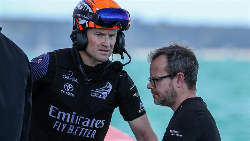 Glenn Ashby has a between races discussion with Emirates Team New Zealand design chief, Dan Bernasconi - two days before ETNZ defended the America's Cup - March 15, 2021 - photo © Richard Gladwell / Sail-World.com / nz