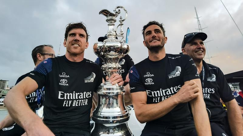 Peter Burling (left), Blair Tuke and Ray Davies take the America's Cup back to the ETNZ Victory Party - Emirates Team NZ - America's Cup - Day 7 - March 17, 2021 - photo © Richard Gladwell / Sail-World.com