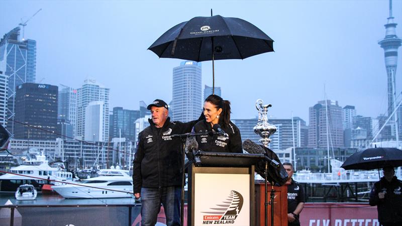 The NZ Parliamentary Speaker Trevor Mallard with the NZ Prime Minister Jacinda Ardern at the launch of ETNZ's first AC75 Te Aihe photo copyright Richard Gladwell - Sail-World.com / nz taken at Royal New Zealand Yacht Squadron and featuring the AC75 class