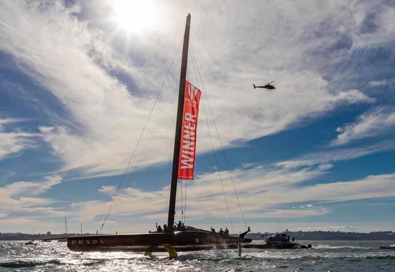 Mission partially accomplished - Luna Rossa flying the winner's pennant after winning the Prada Cup and right to Challenge for the America's Cup photo copyright Carlo Borlenghi / Luna Rossa taken at Circolo della Vela Sicilia and featuring the AC75 class