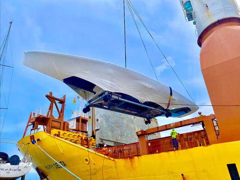 PATRIOT, American Magic's AC75, being craned off the vessel HAPPY DELTA upon returning from New Zealand on Saturday. - photo © American Magic