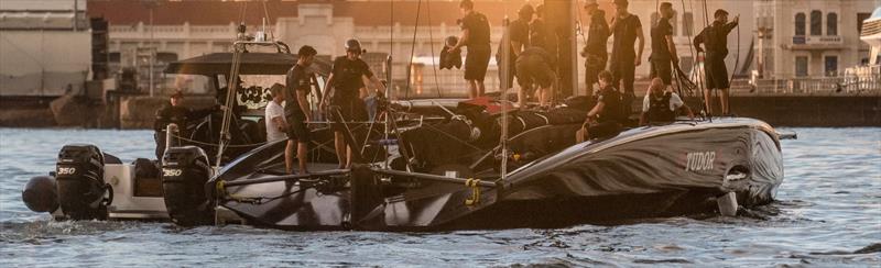Boat Zero is towed back to the team base - Alinghi Red Bull Racing - Barcelona- August 2022 - photo © Alinghi Red. Bull Racing