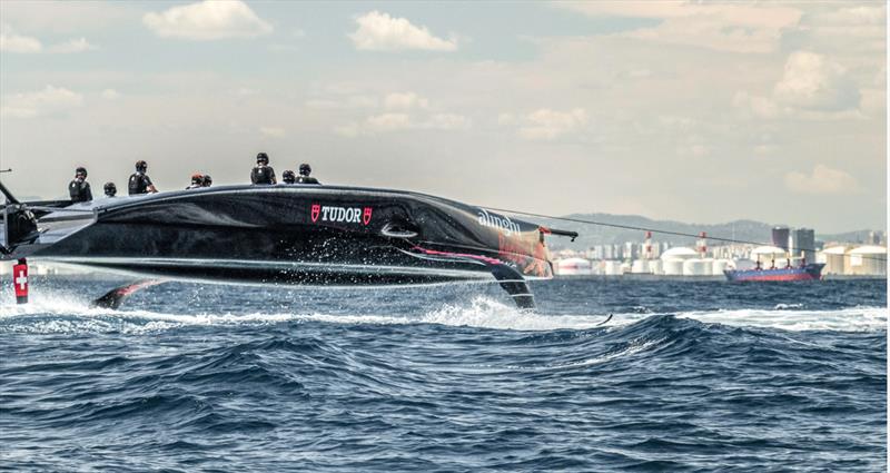 Alinghi Red Bull Racing - lifts out on tow test ahead of first sailing day - August 2022 - Barcelona - photo © Alinghi RBR