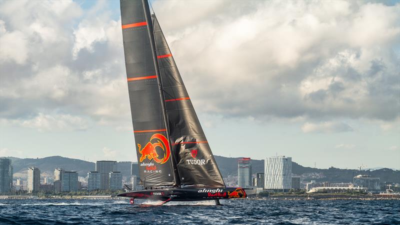 Alinghi Red Bull Racing's AC75 attempts a foiling tack  - Barcelona - October 5, 2022  photo copyright Alex Carabi / America's Cup taken at Société Nautique de Genève and featuring the AC75 class