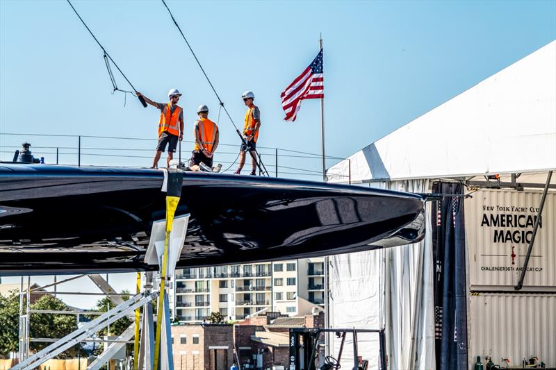  American Magic step their rig on Patriot (AC75 Class)  - Pensacola - October 2022 photo copyright Paul Todd / America's Cup taken at Royal New Zealand Yacht Squadron and featuring the AC75 class