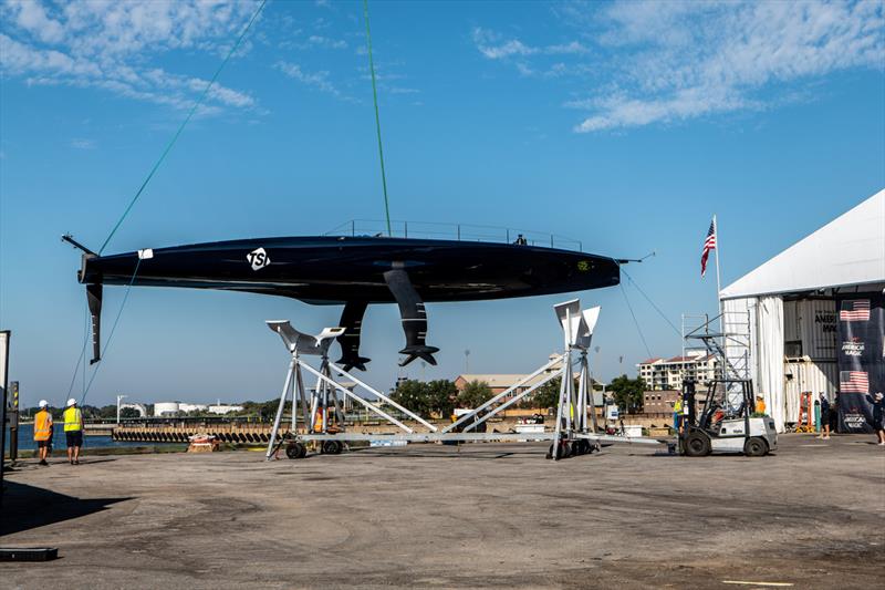  American Magic prepare to tow test their AC75 Patriot in Pensacola Bay. October 2022  photo copyright Paul Todd/America's Cup taken at New York Yacht Club and featuring the AC75 class