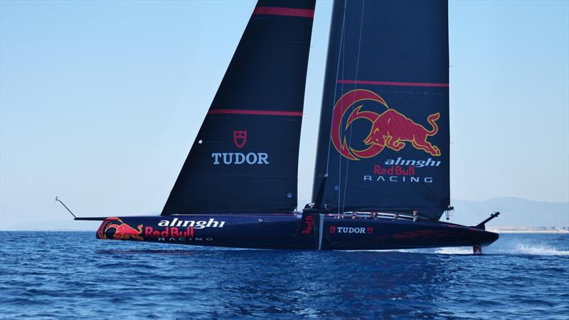 Alinghi Red Bull Racing foiling at the lower end of the wind scale off Barcelona - October 14, 2022 photo copyright Alex Carabi / America's Cup taken at Société Nautique de Genève and featuring the AC75 class