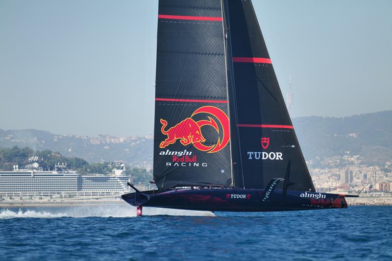 Alinghi Red Bull Racing foiling at the lower end of the wind scale off Barcelona - October 14, 2022 photo copyright Alex Carabi / America's Cup taken at Société Nautique de Genève and featuring the AC75 class