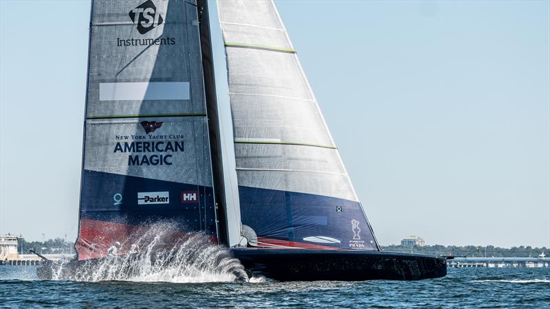 American Magic is towed onto its foils during a test sail their of their AC7 Patriot in Pensacola Bay - October 15, 2022 photo copyright Paul Todd/America's Cup taken at New York Yacht Club and featuring the AC75 class