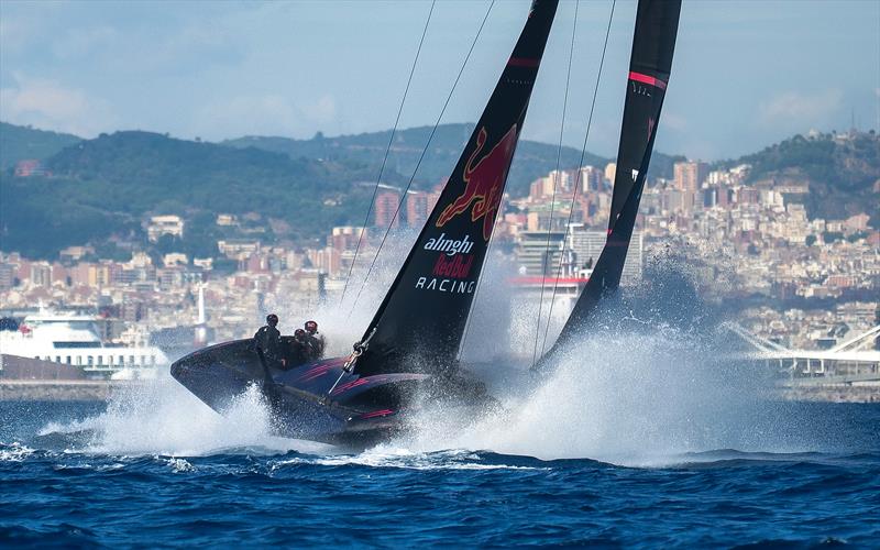 Alinghi Red Bull Racing `foil-surfing` in the confused Barcelona sea-state - photo © Alex Carabi / America's Cup