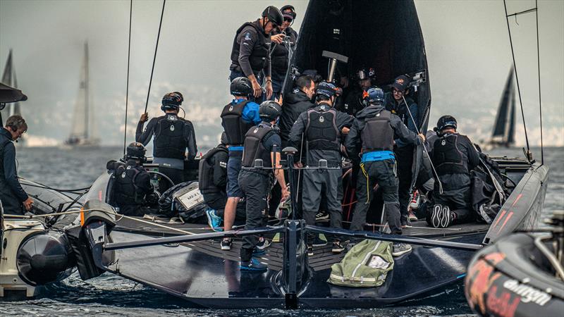 Adjusting boomless mainsail - Alinghi Red Bull Racing - AC75 - October 29, 2022 - Barcelona - photo © Alex Carabi / America's Cup