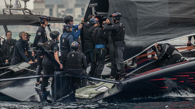 Adjusting boomless mainsail - Alinghi Red Bull Racing - AC75 - October 29, 2022 - Barcelona - photo © Alex Carabi / America's Cup