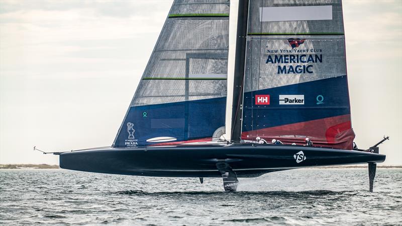 Aside from the finest of foil spray, American Magic is in fast flight -  AC75 - November 22, 2022 - Pensacola, Fl photo copyright Paul Todd/America's Cup taken at New York Yacht Club and featuring the AC75 class