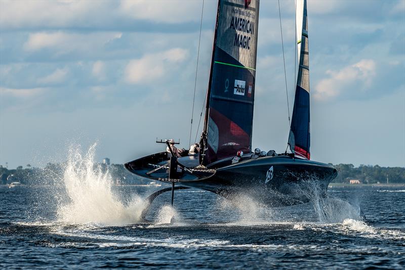 Patriot spins into a tack  -  AC75 - December 8, 2022 - Pensacola, Fl photo copyright Paul Todd/America's Cup taken at New York Yacht Club and featuring the AC75 class