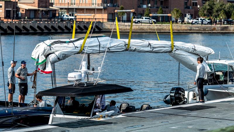 Patriot loading jibs -  AC75 - December 9, 2022 - Pensacola, Fl photo copyright Paul Todd/America's Cup taken at New York Yacht Club and featuring the AC75 class