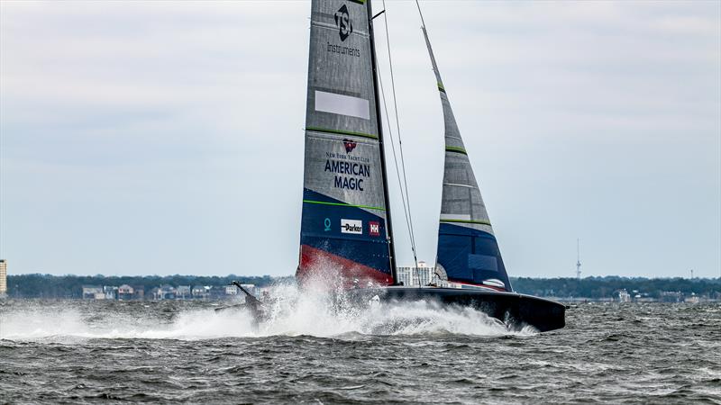 Low flight and heeled to windward - American Magic -  Patriot - AC75 - January 13, 2023 - Pensacola, Florida photo copyright Paul Todd/America's Cup taken at New York Yacht Club and featuring the AC75 class