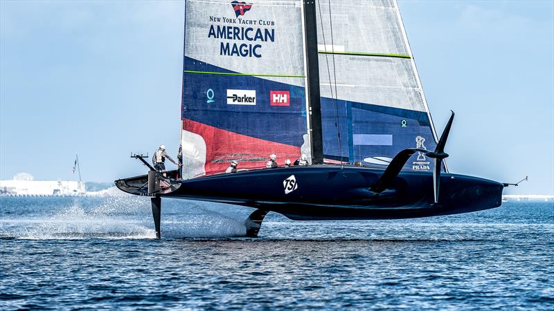 Foiling in light airs and self generated apparent wind - American Magic -  Patriot - AC75 - January 17, 2023 - Pensacola, Florida - photo © Paul Todd/America's Cup