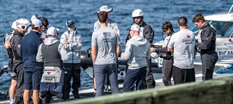 Crew briefing (Tom Slingsby extreme right) American Magic -  Patriot - AC75 - January 18, 2023 - Pensacola, Florida - photo © Paul Todd/America's Cup