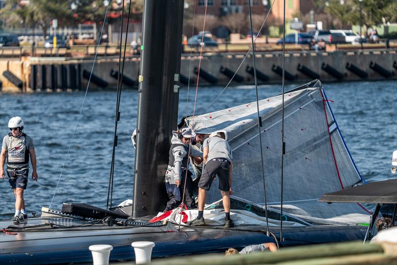 Setting up the double skinned mainsail - American Magic -  Patriot - AC75 - January 18, 2023 - Pensacola, Florida photo copyright Paul Todd/America's Cup taken at New York Yacht Club and featuring the AC75 class