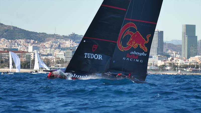 Nosing into a 1mtr sea -  Alinghi Red Bull Racing -  AC75 - January 20, 2023 - Barcelona photo copyright Alex Carabi / America's Cup taken at Société Nautique de Genève and featuring the AC75 class