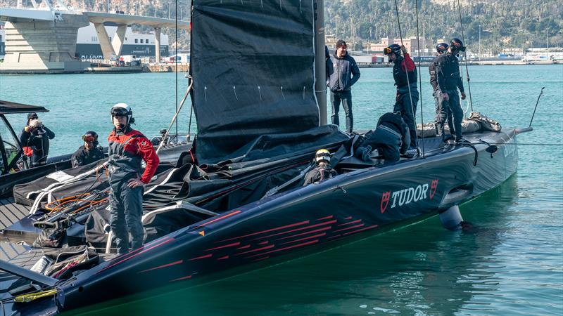 Mainsail held in position with sail tie  - ready for the tow out - AC75 - Alinghi Red Bull Racing - March 4, 2023 - Barcelona - Day 47 - photo © Alex Carabi / America's Cup