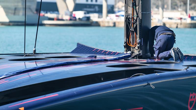  The Swiss AC75 now has two trenches divided into eight cockpits -  Alinghi Red Bull Racing - March 4, 2023 - Barcelona - Day 47 - photo © Alex Carabi / America's Cup