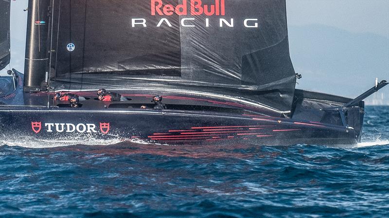 Crew positions - ARBR - two cyclists on the inboard pits and a helmsman, and flight controller/sail trimmer forward -  AC75 - Alinghi Red Bull Racing - March 7, 2023 - Barcelona - Day 48 photo copyright Alex Carabi / America's Cup taken at Société Nautique de Genève and featuring the AC75 class